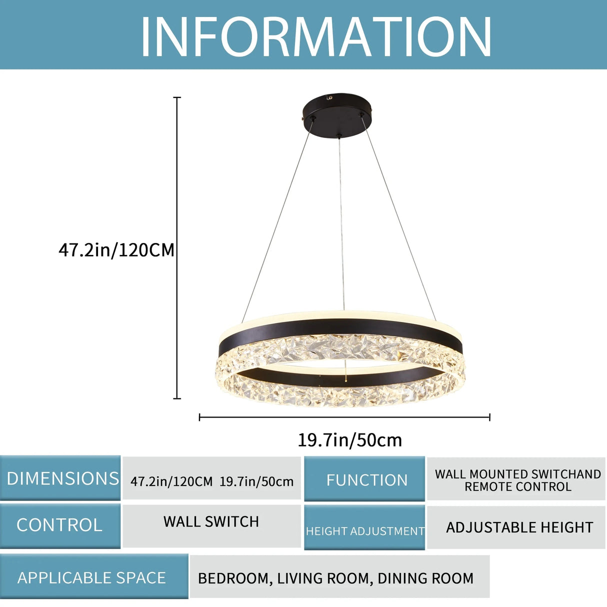 Dimmable Round Chandeliers with Remote Control, 3-Color Light for Living Room Dining Room Bedroom D20in Black Julia M LifeStyles