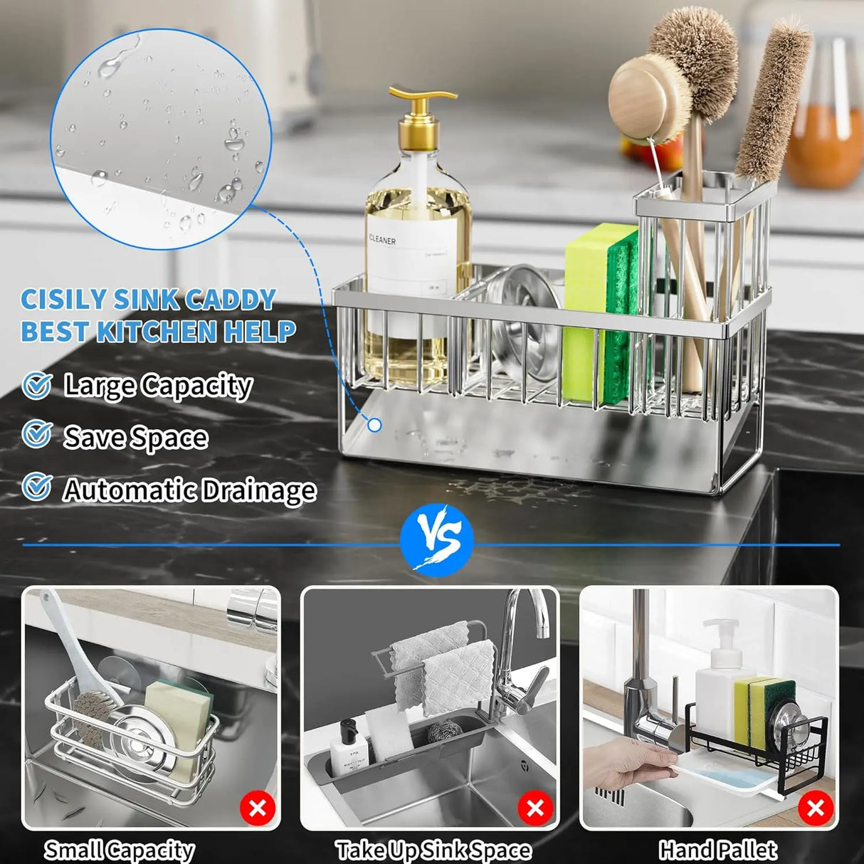 Kitchen sink caddy with cleaning supplies on a kitchen counter, featuring text highlighting its benefits.