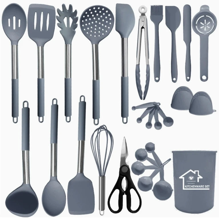 28-Piece Khaki Silicone Cooking Utensil Set with Holder and Wooden Handles - Julia M LifeStyles