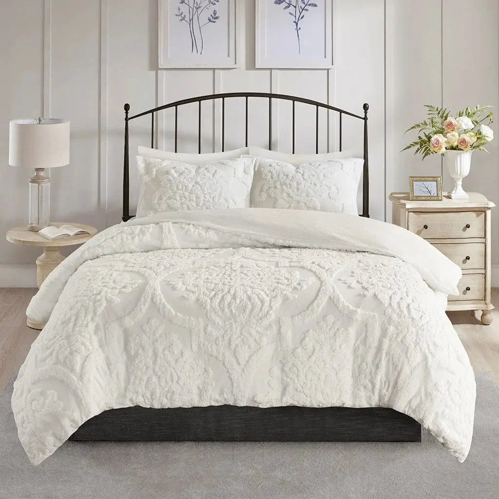 3-Piece Tufted Cotton Chenille Damask Duvet Cover Set Julia M LifeStyles