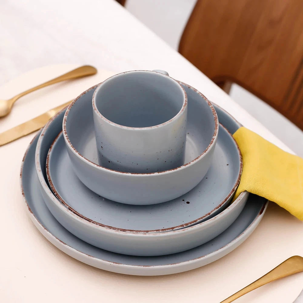 Nordic Style Round Stoneware 20pc Dinnerware Sets Speckled Matt Light Blue Plate and Bowl Set Julia M LifeStyles