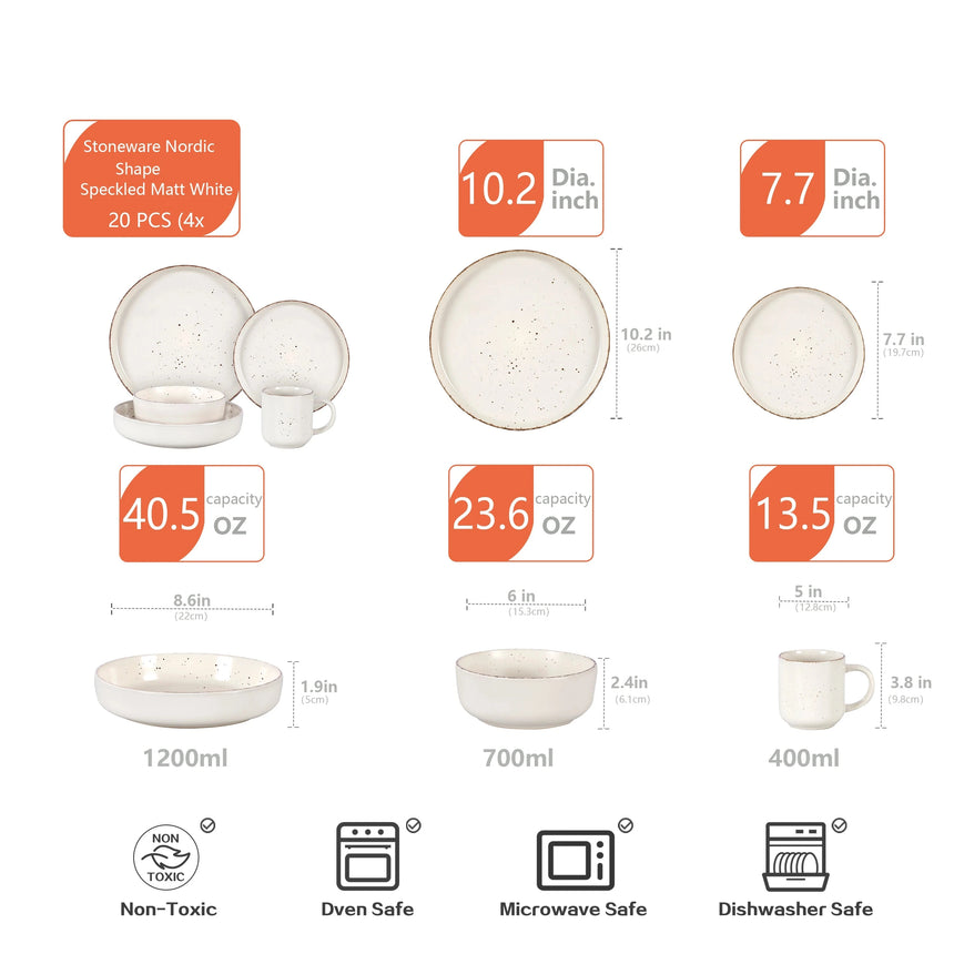 Nordic Style Round Stoneware 20pc Dinnerware Sets Speckled Matt White Plate and Bowl Set Julia M LifeStyles
