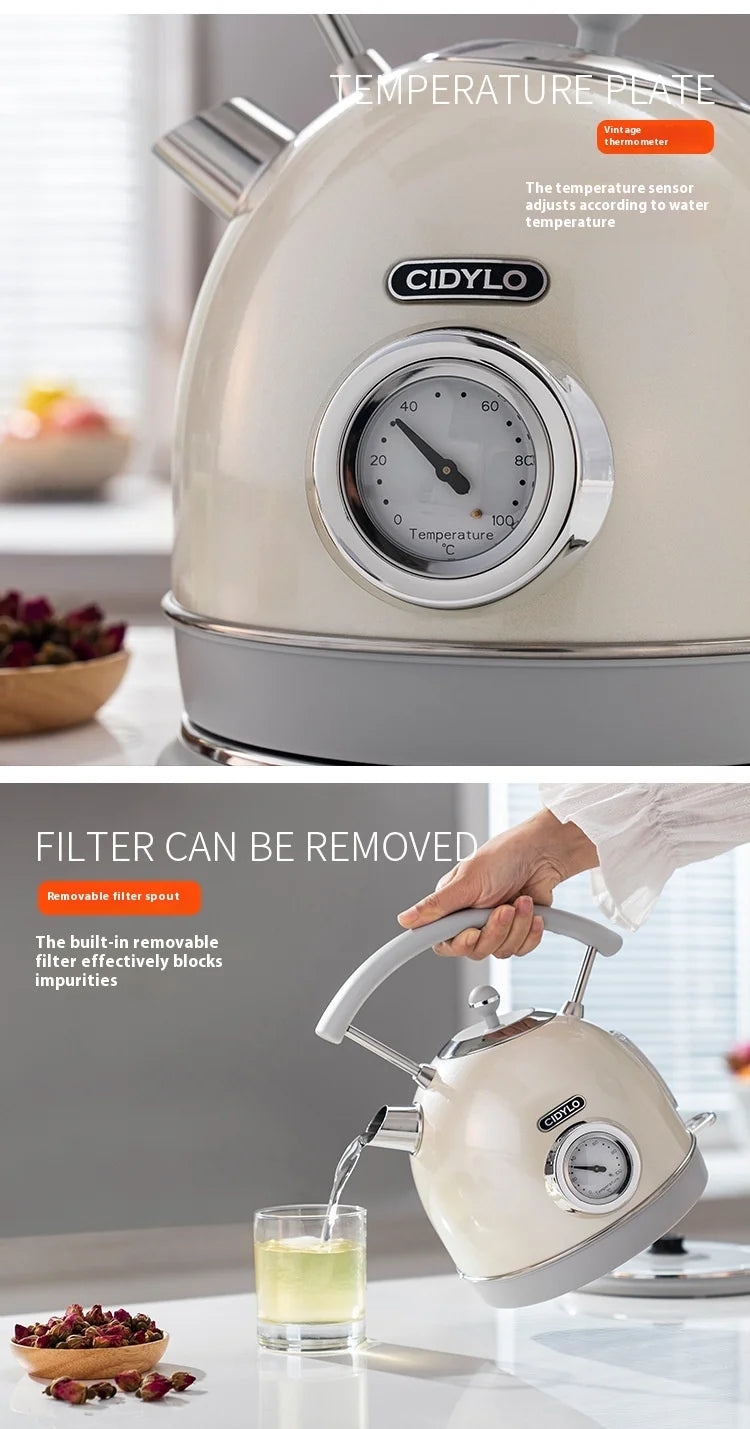 White electric kettle with temperature control feature on a kitchen counter.