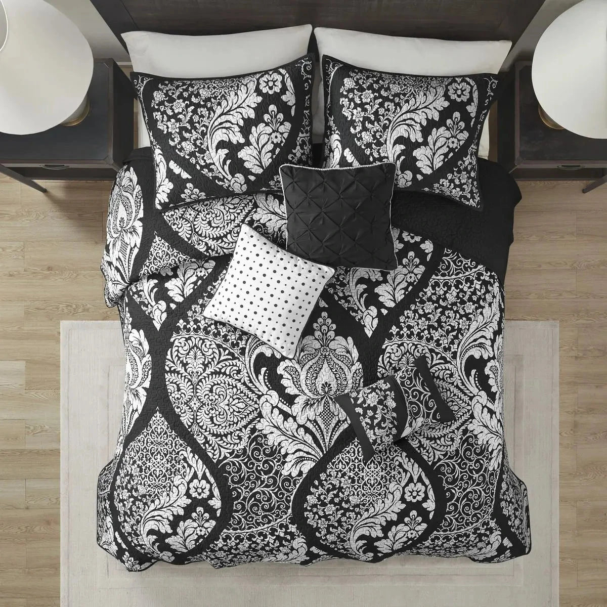 6-Piece Printed Cotton Quilt Set Throw Pillows Black Full/Queen Geometric Floral Soft Bedding for Winter for Wedding Hotel Julia M LifeStyles