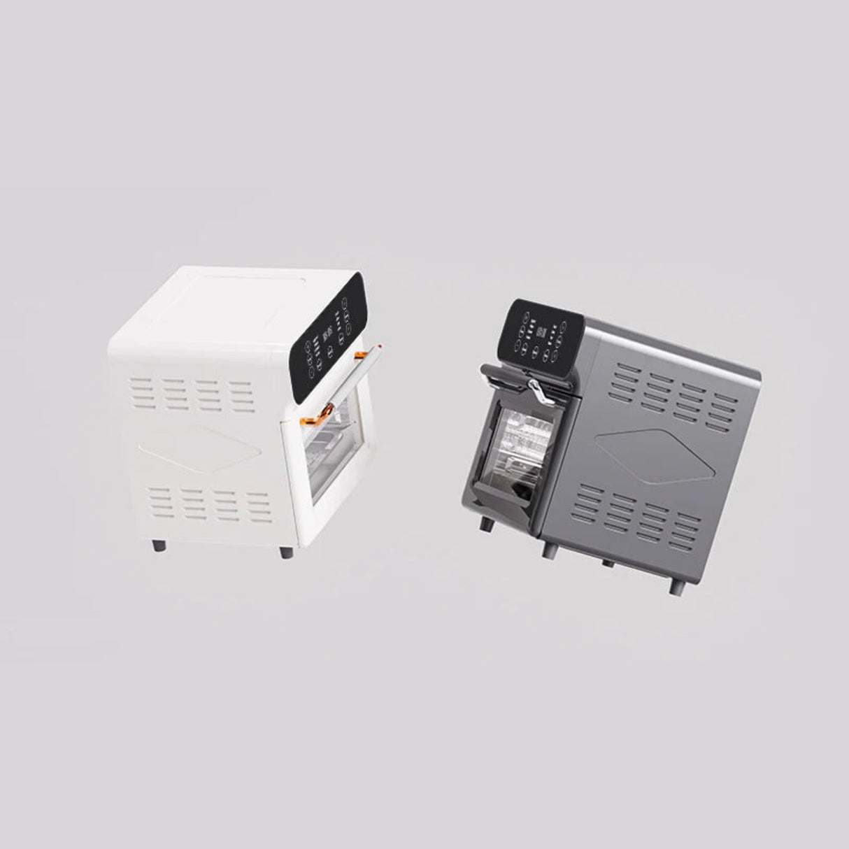 Two industrial ovens on a gray background