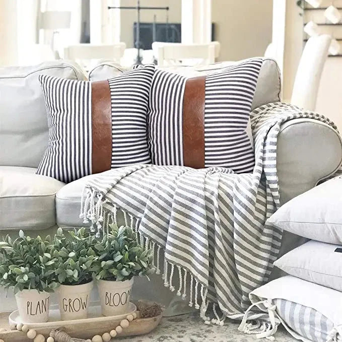 Home Decor Throw Pillow Cover Decorative Pillow Case Design Black Strips Faux Leather Patch Pillow 18x18 Geometric Cushion Cover Julia M LifeStyles