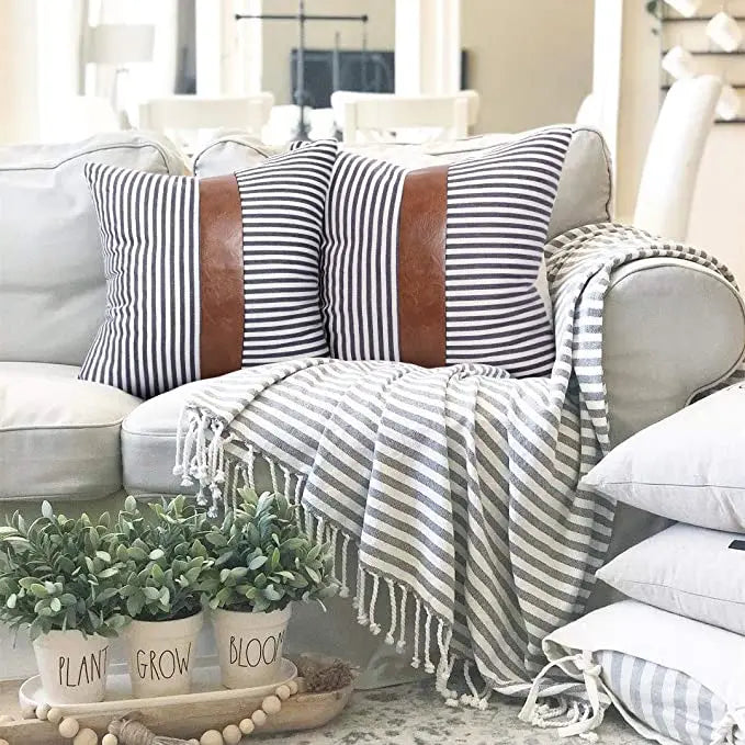 Home Decor Throw Pillow Cover Decorative Pillow Case Design Black Strips Faux Leather Patch Pillow 18x18 Geometric Cushion Cover Julia M LifeStyles