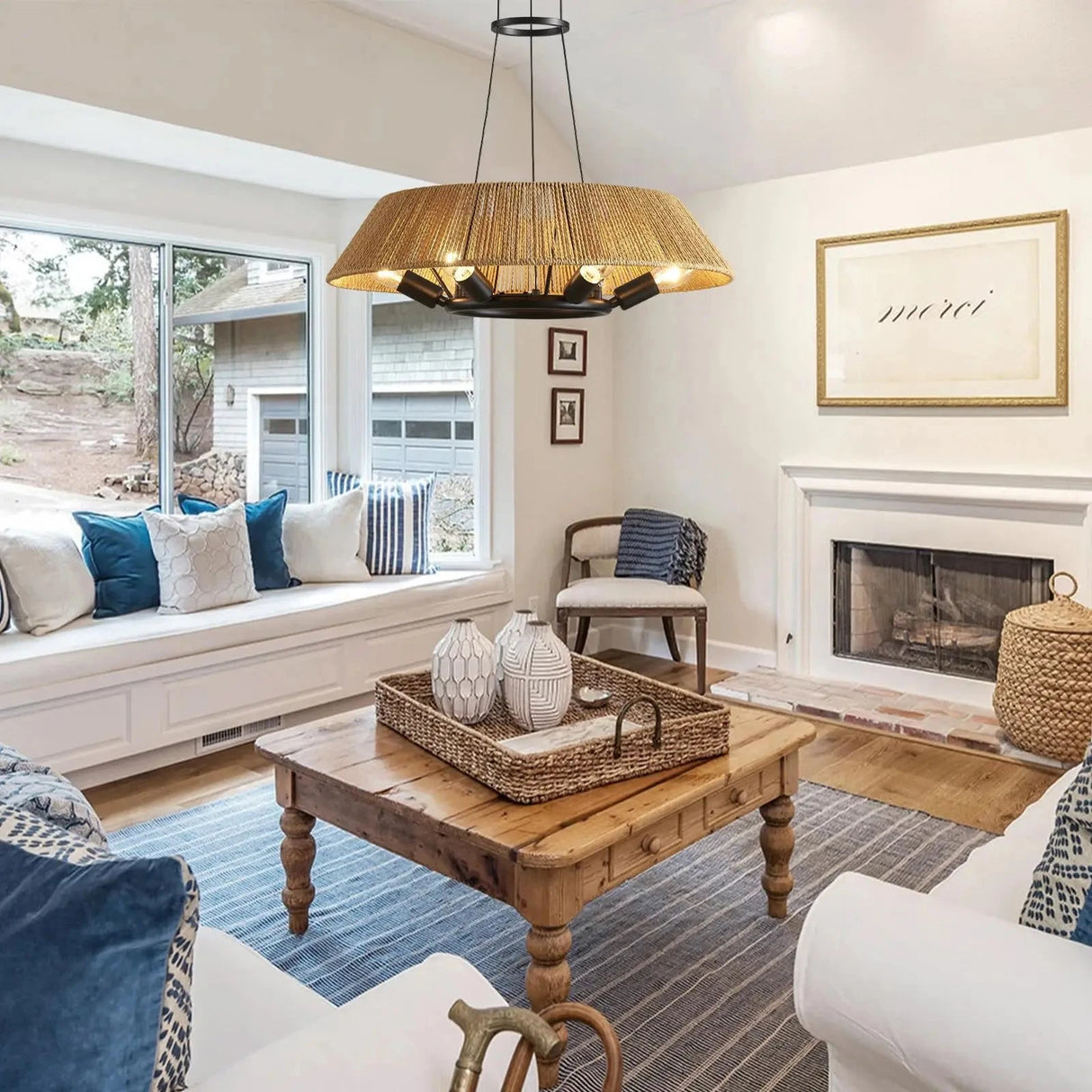 Farmhouse Chandelier Light Fixtures Hand Woven Fabric Shade Coastal Hanging Lighting for Dining Room Kitchen Island Living Room Julia M LifeStyles