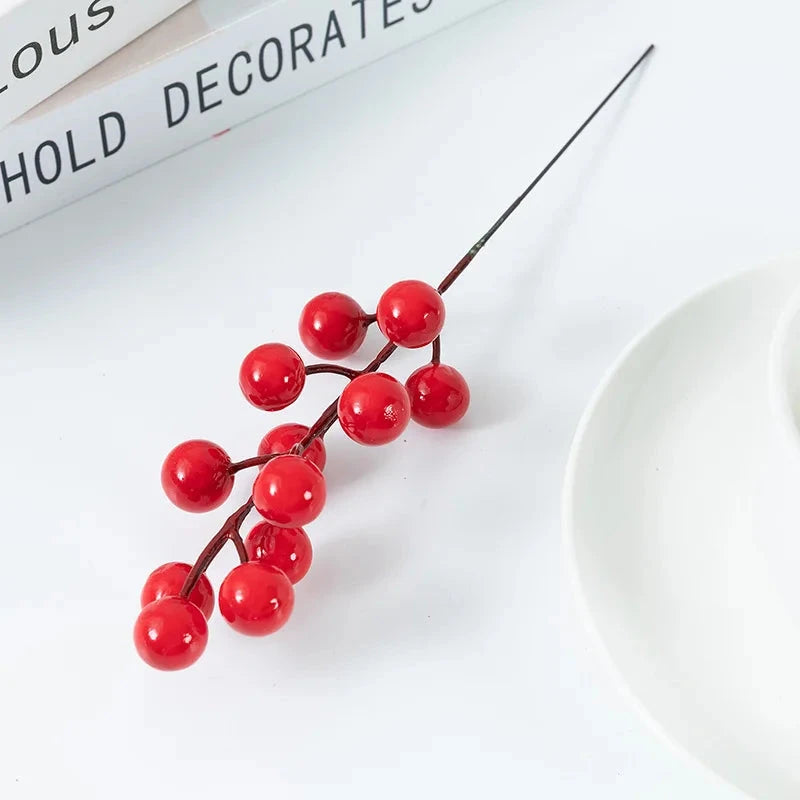 Twelve Frost Red Artificial Plants Greenery New Year Holly Branches Snowflake Christmas Decorations Home Decor Frost Red Fruit Julia M LifeStyles