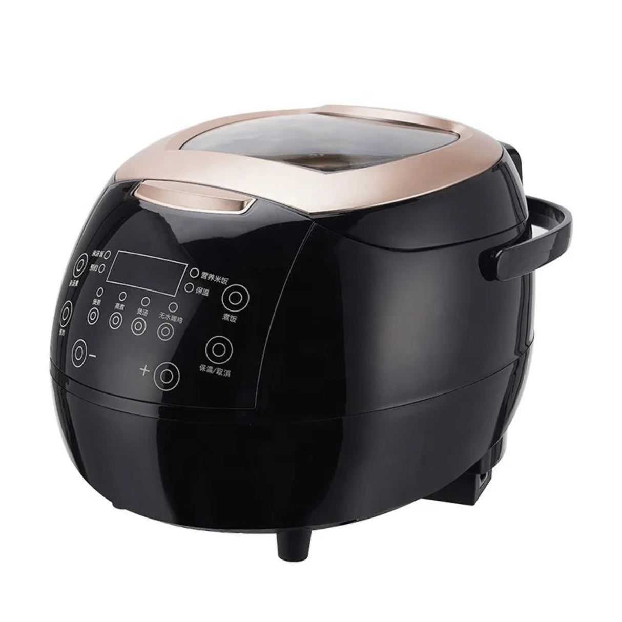 Black and rose gold electric pressure cooker on a white background