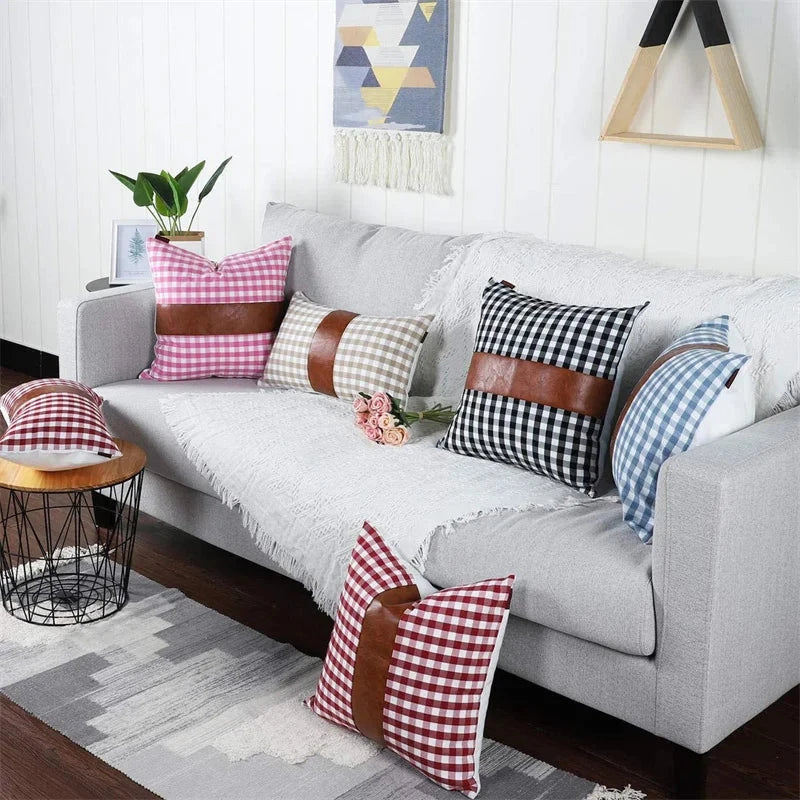Buffalo Check Plaid Farmhouse Decorative Throw Pillow Covers Boho Accent Faux Leather Pillowcases for Couch Sofa Julia M LifeStyles