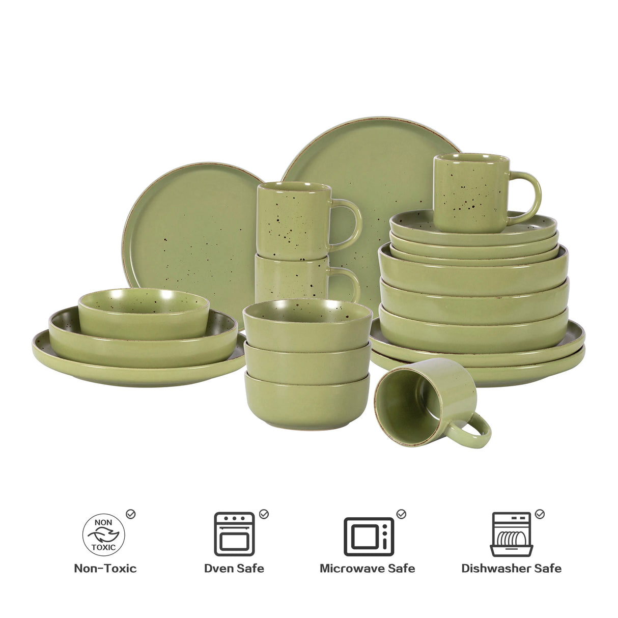 USA Market Hot Selling Nordic Style Round Stoneware 20pc Dinnerware Sets Speckled Matt Green Ceramic Plate and Bowl Set Julia M LifeStyles