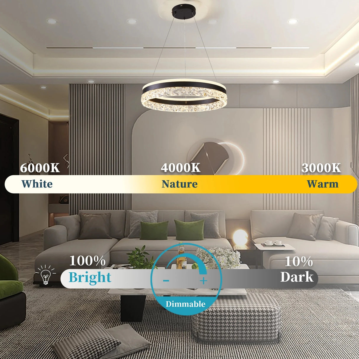 Dimmable Round Chandeliers with Remote Control, 3-Color Light for Living Room Dining Room Bedroom D20in Black Julia M LifeStyles