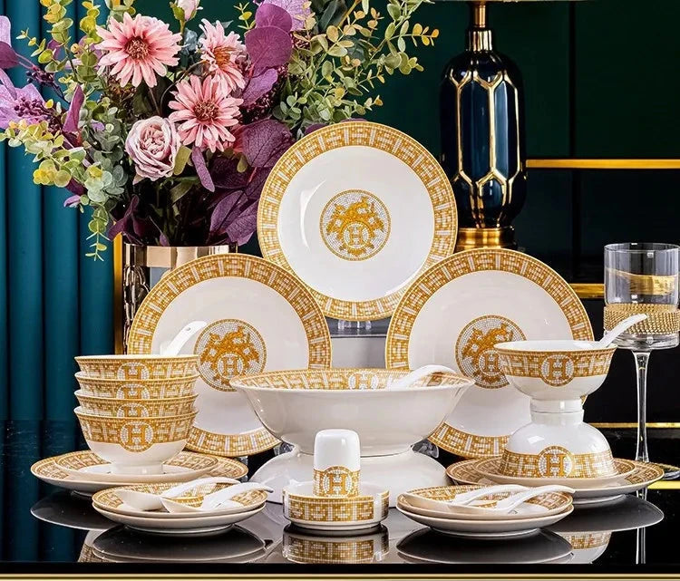 60 Pcs Golden Mosaic Eco-Friendly Porcelain Tableware Set Julia M LifeStyles