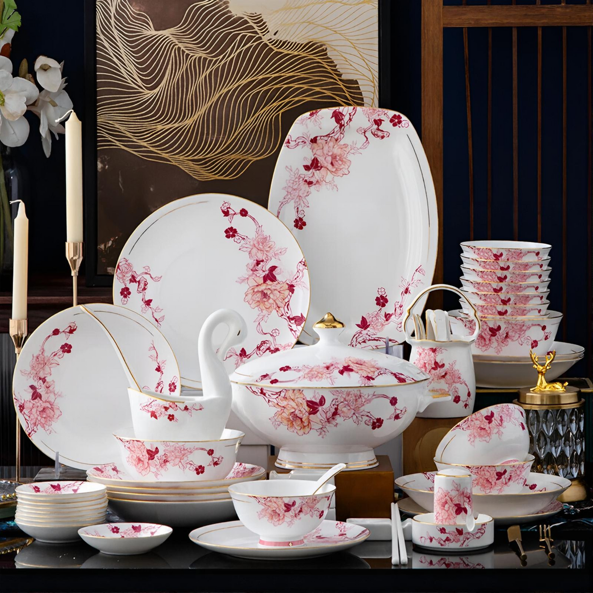 Ceramic dinnerware set with floral patterns on a dark background