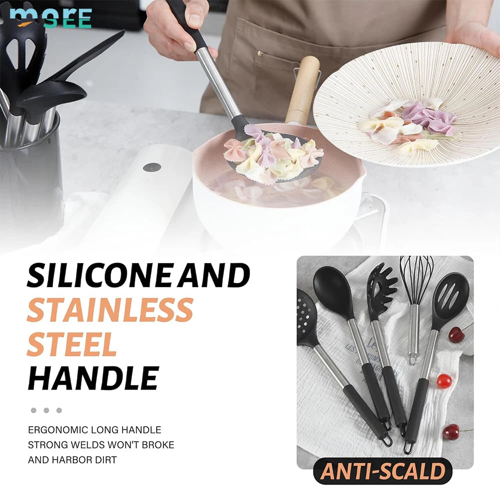 28-Piece Khaki Silicone Cooking Utensil Set with Holder and Wooden Handles - Julia M LifeStyles