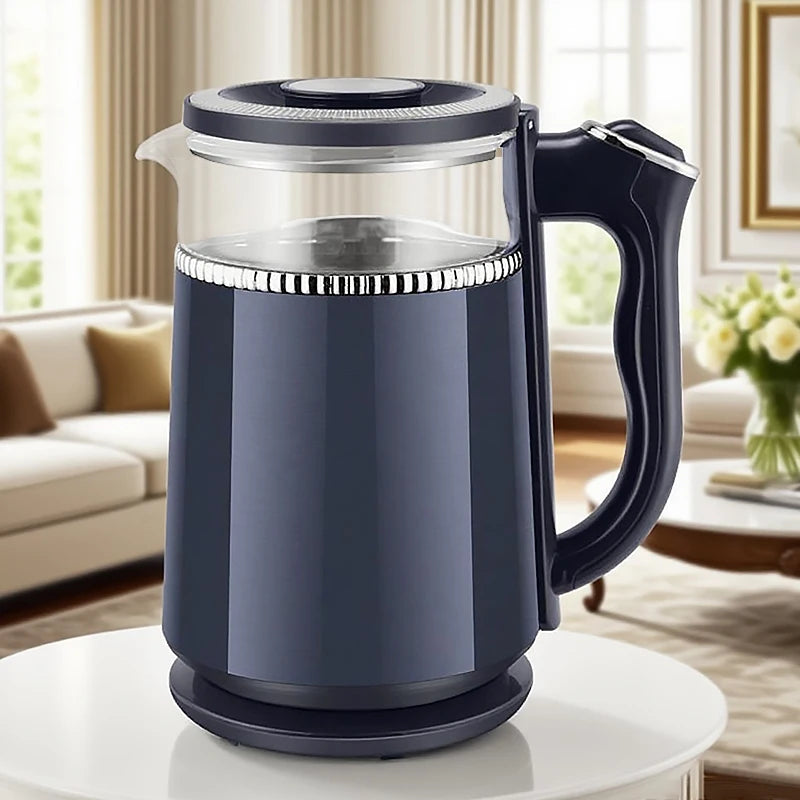 Blue electric kettle on a white table with a living room background