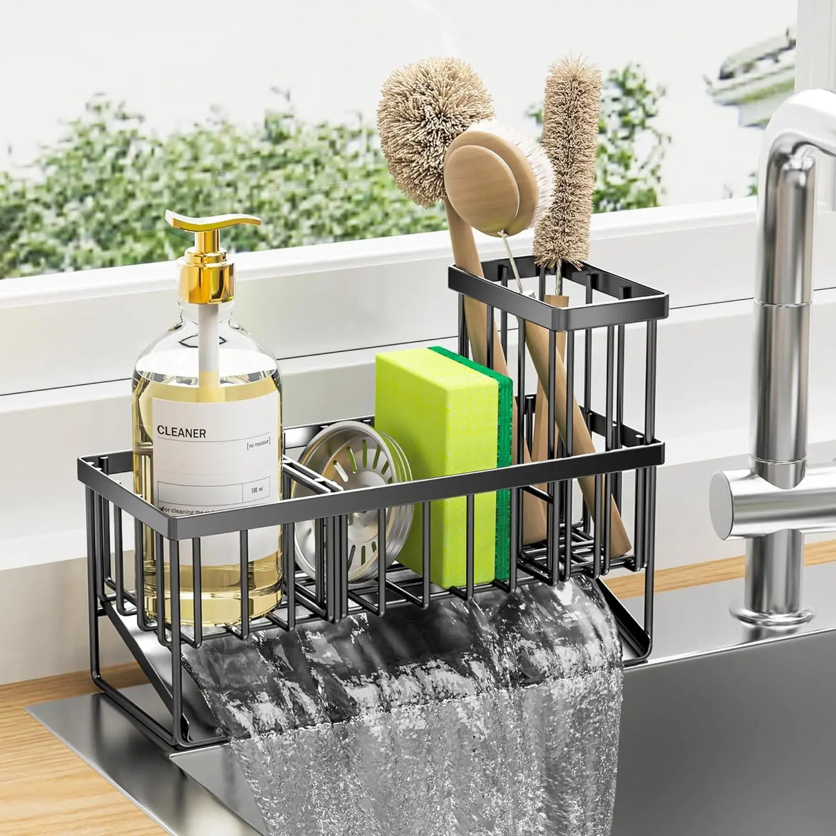 Kitchen sink caddy with cleaning supplies and utensils in a kitchen setting.