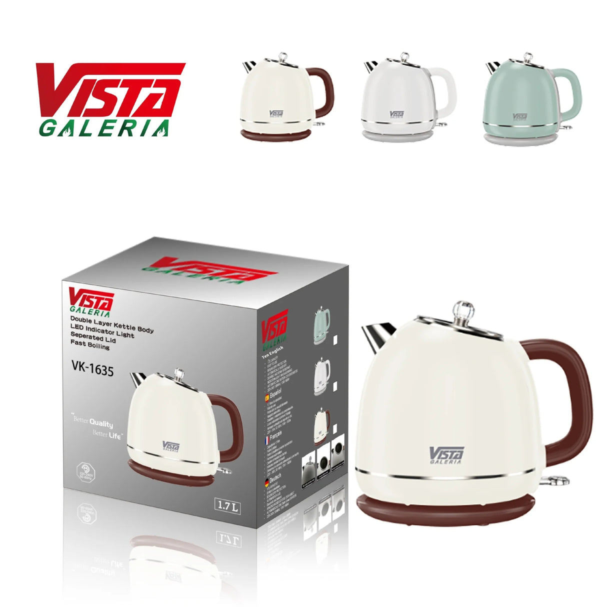 Vista Galeria electric kettle with packaging on a white background