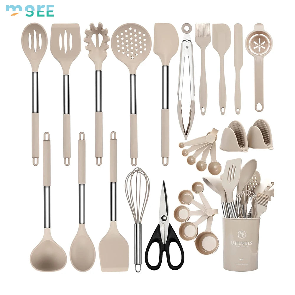 28-Piece Khaki Silicone Cooking Utensil Set with Holder and Wooden Handles - Julia M LifeStyles