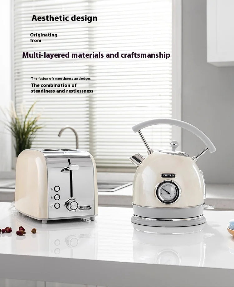 Cream-colored toaster and kettle on a kitchen counter with text about design and materials.