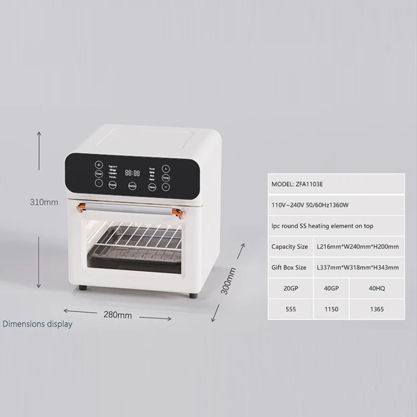 White appliance with digital display on a gray background, showing dimensions and specifications.