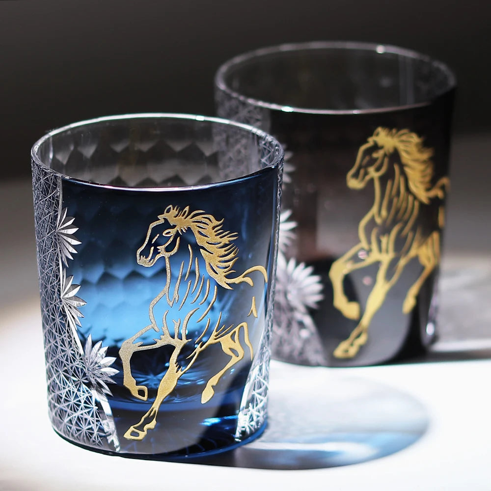 Hand Cut Festive Edo Kiriko Glass Tumbler by Own Factory, Exquisite Red Cup with Golden Horse Pattern for Celebration