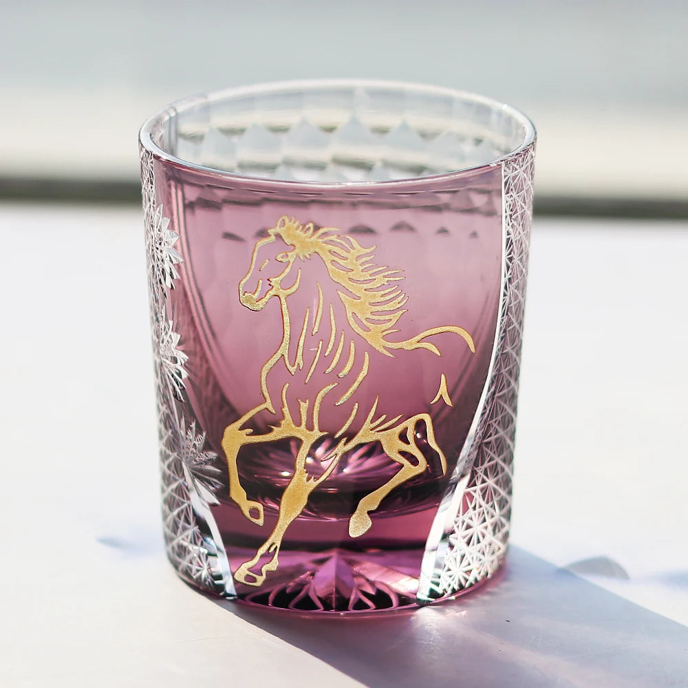 Hand Cut Festive Edo Kiriko Glass Tumbler by Own Factory, Exquisite Red Cup with Golden Horse Pattern for Celebration