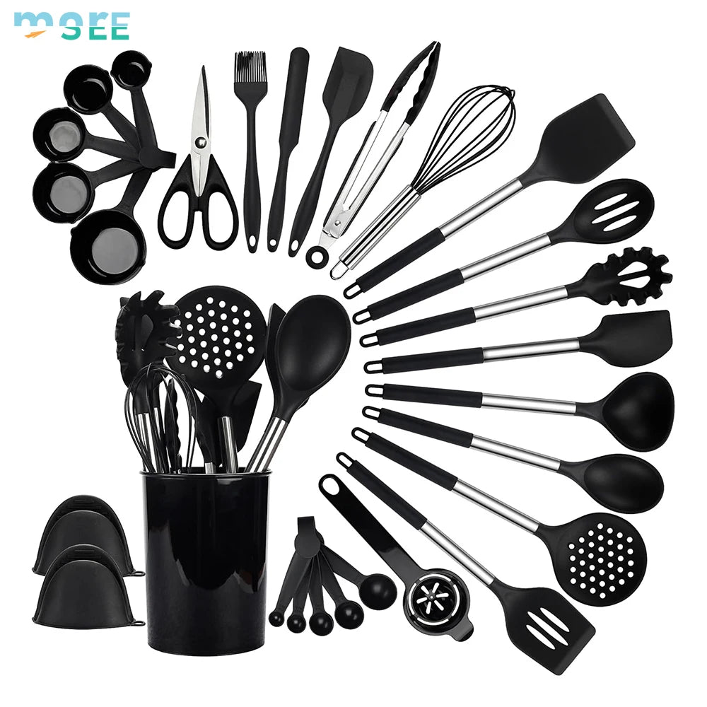 28-Piece Khaki Silicone Cooking Utensil Set with Holder and Wooden Handles - Julia M LifeStyles