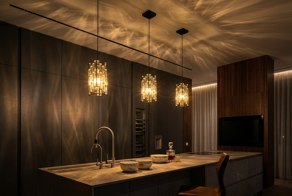 Modern kitchen with pendant lights hanging above a countertop.