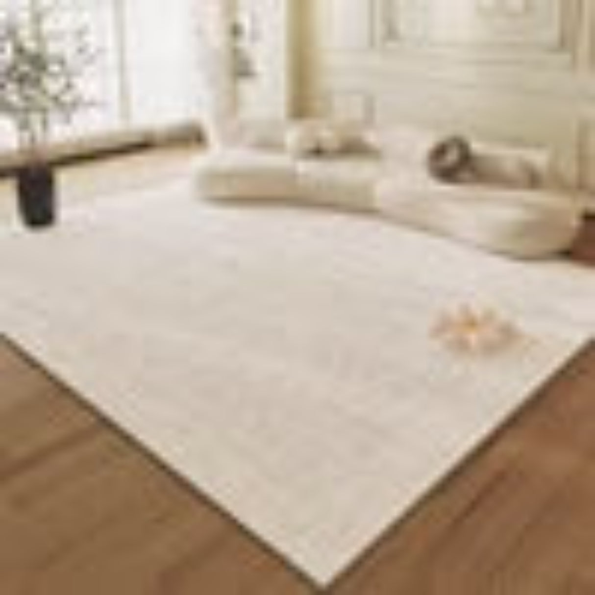 Beige rug on a wooden floor with a white wall and furniture in the background