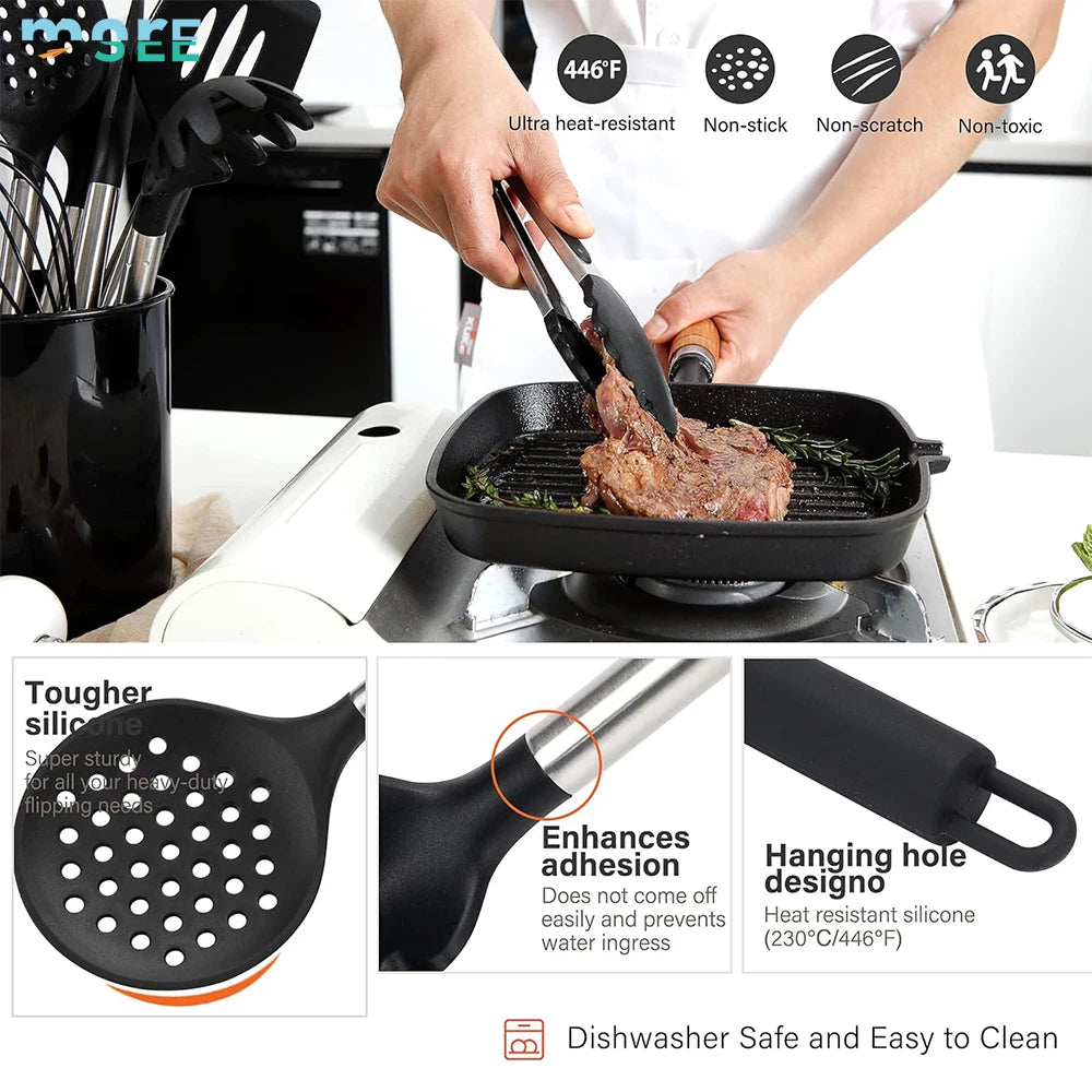 28-Piece Khaki Silicone Cooking Utensil Set with Holder and Wooden Handles - Julia M LifeStyles