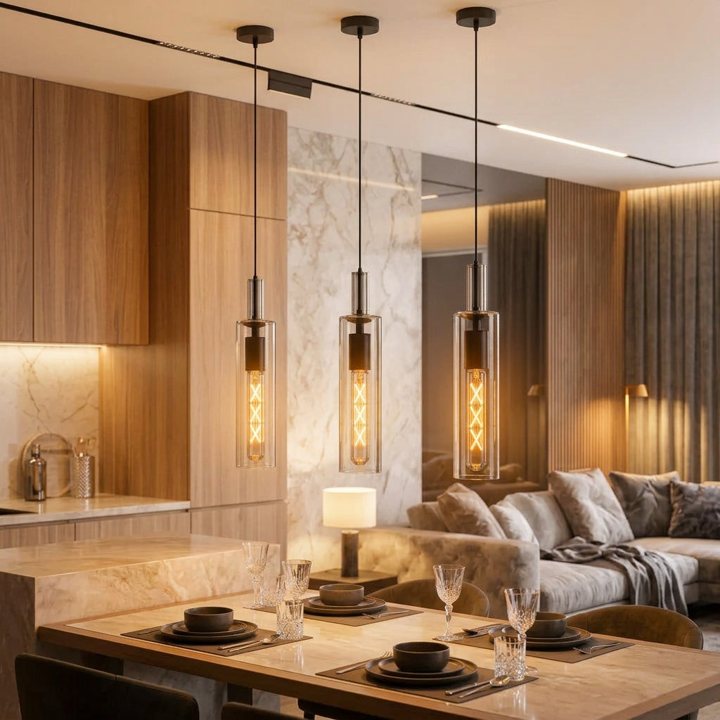 Three modern pendant lights with black fixtures and clear glass shades on a white background