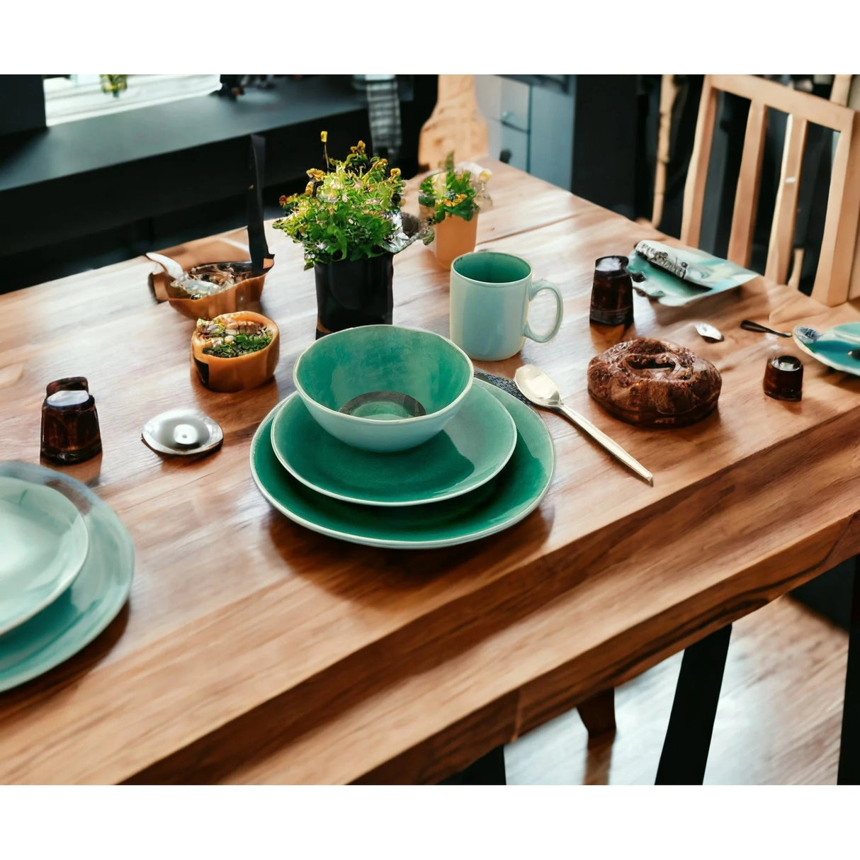 Green Simple Classic Eco-Friendly Sixteen Piece Ceramic Dinnerware Set for Four Porcelain Plate Cup Kit Julia M LifeStyles