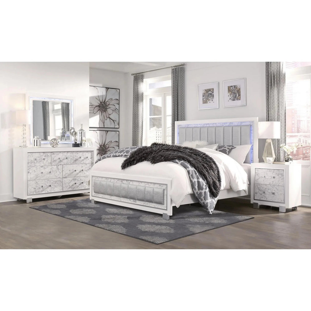 Classic Luxurious White Full Bed with LED Padded Headboard Julia M LifeStyles