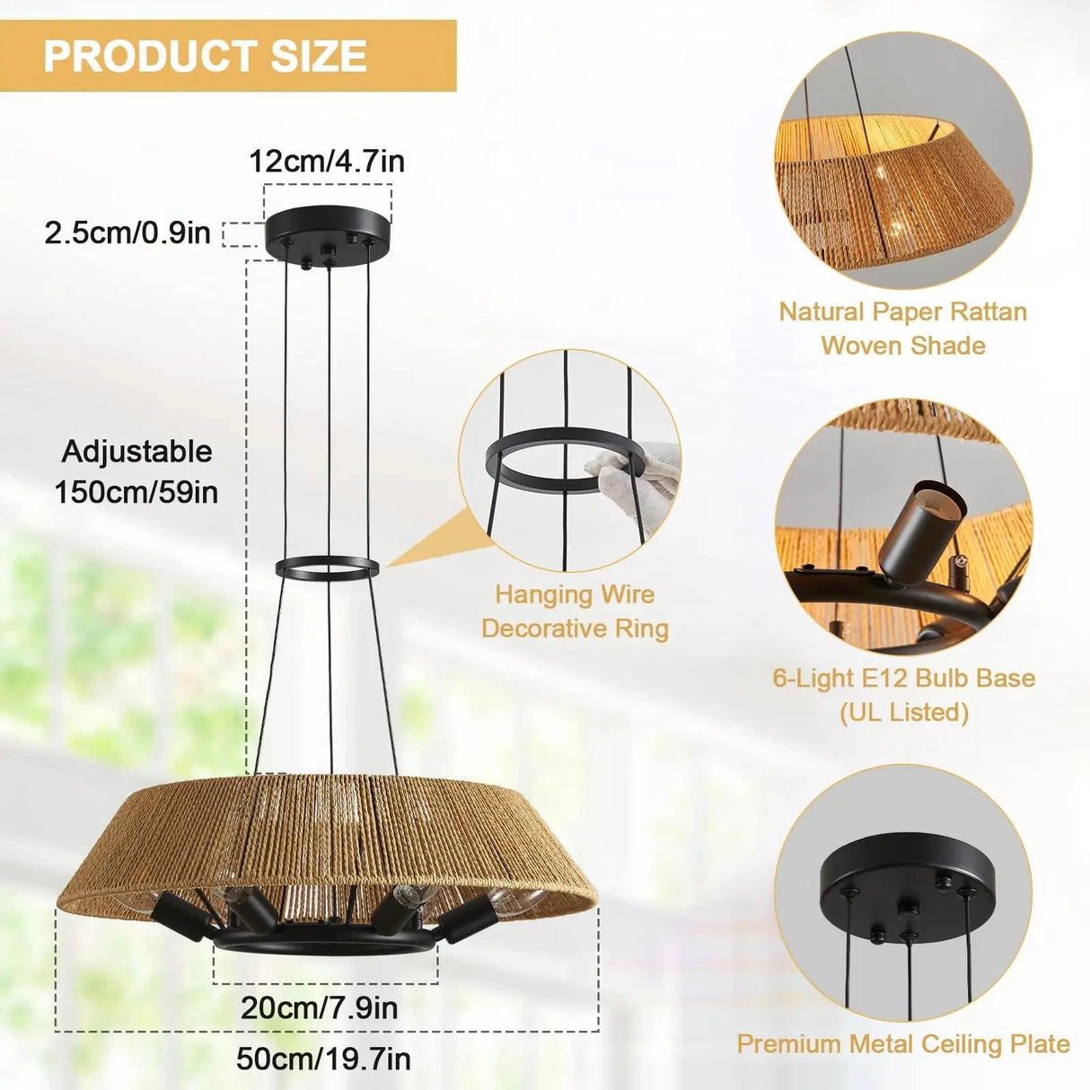 Farmhouse Chandelier Light Fixtures Hand Woven Fabric Shade Coastal Hanging Lighting for Dining Room Kitchen Island Living Room Julia M LifeStyles