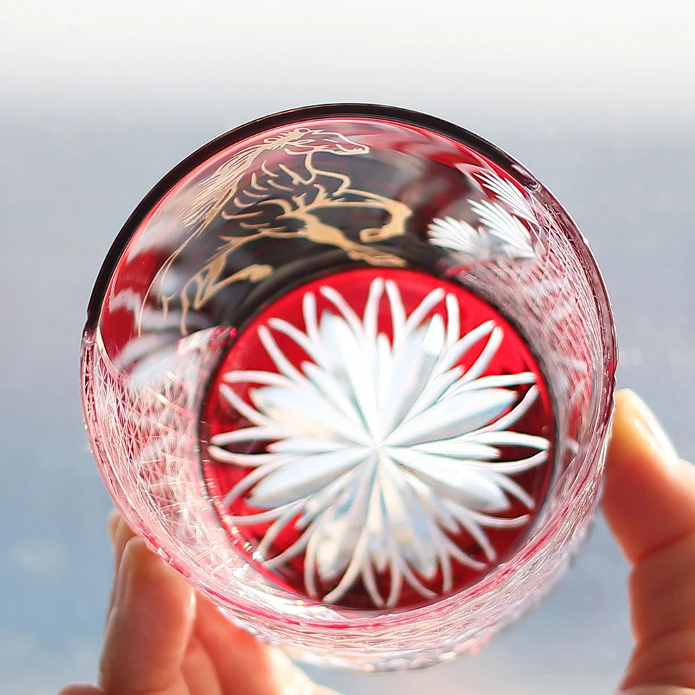 Hand Cut Festive Edo Kiriko Glass Tumbler by Own Factory, Exquisite Red Cup with Golden Horse Pattern for Celebration