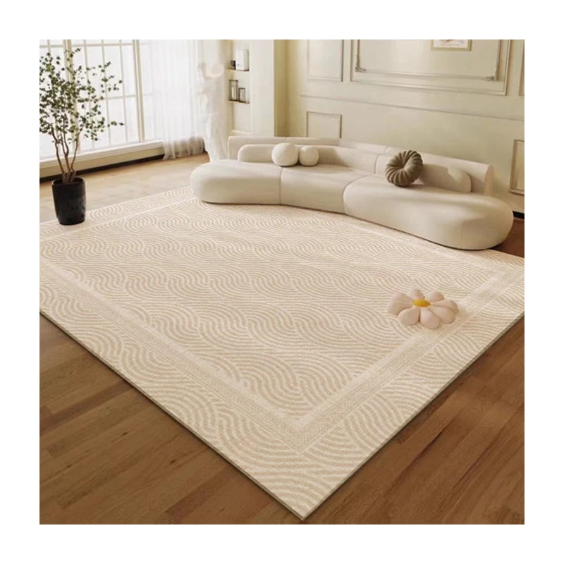 Beige rug with floral design in a living room setting