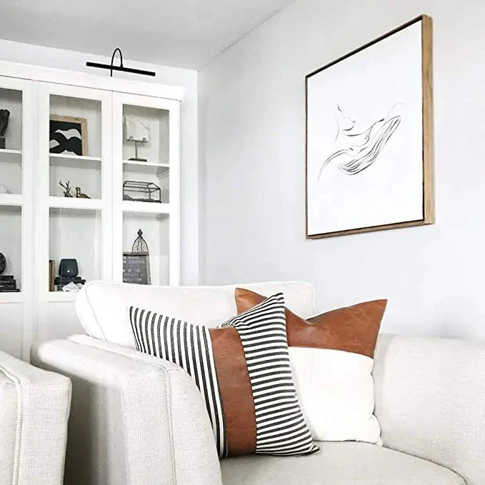 Home Decor Throw Pillow Cover Decorative Pillow Case Design Black Strips Faux Leather Patch Pillow 18x18 Geometric Cushion Cover Julia M LifeStyles