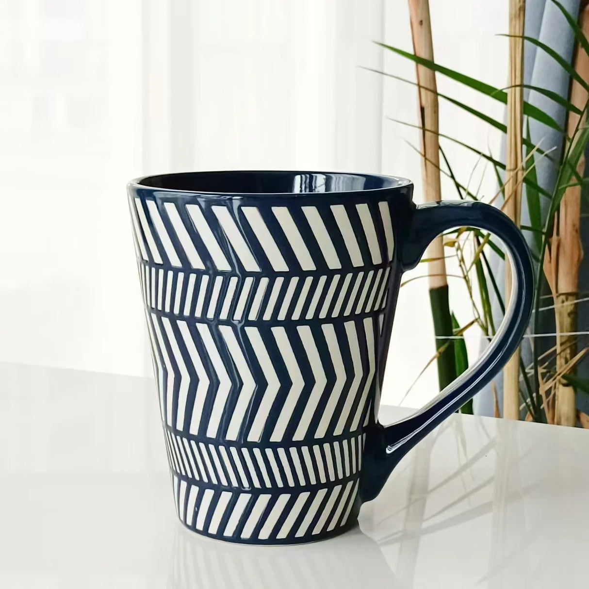 500ml Classic Large Capacity White Line Ceramic Cup Dark Blue Mug