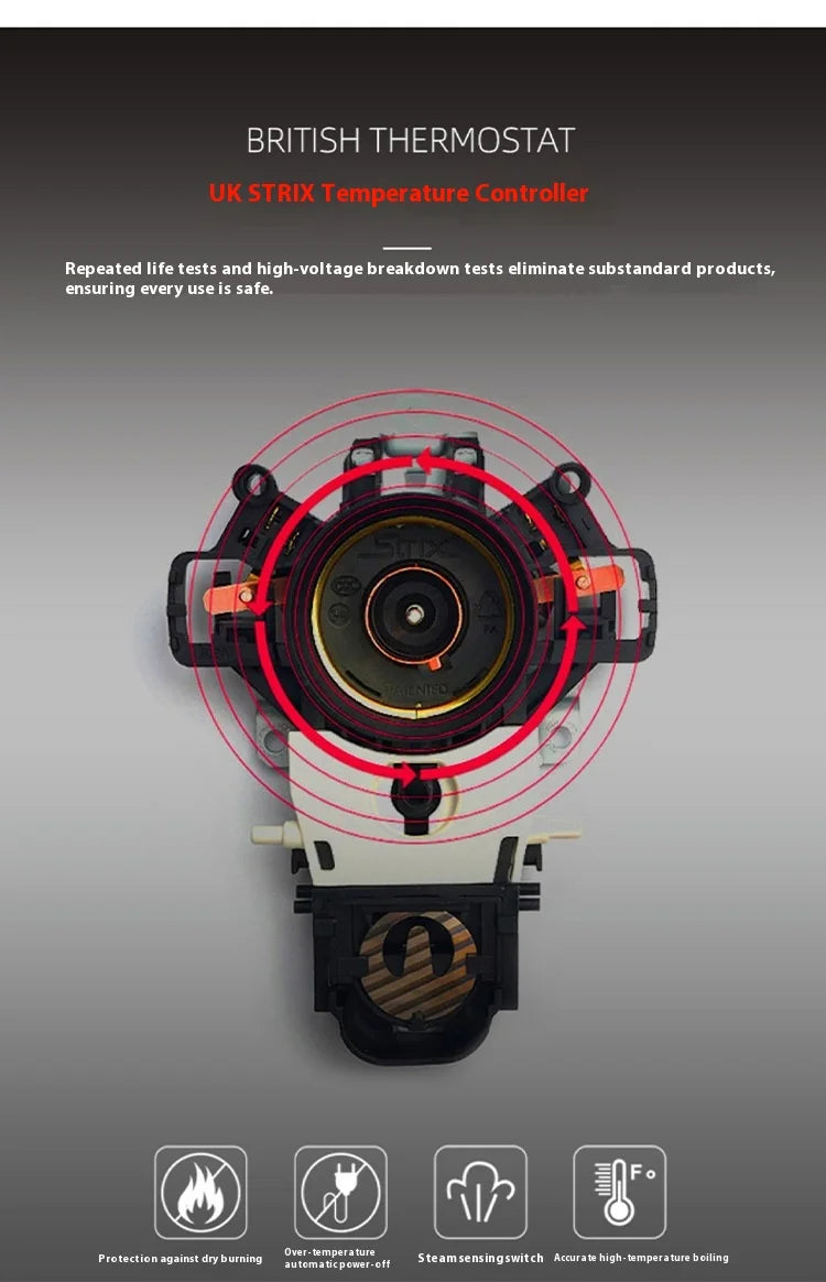 BRITISH THERMOSTAT UK STRIX Temperature Controller on a gray background with text and icons.