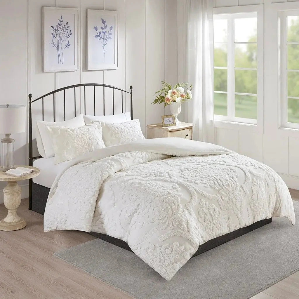 3-Piece Tufted Cotton Chenille Damask Duvet Cover Set Julia M LifeStyles