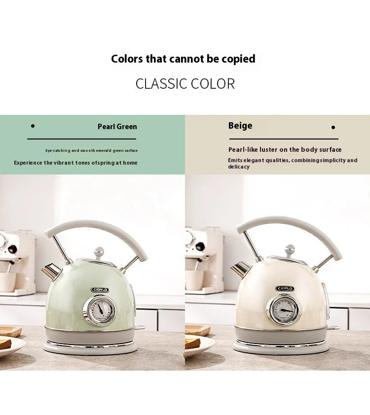 Two kettles, one green and one beige, on a kitchen counter with color swatches labeled 'Pearl Green' and 'Beige'.