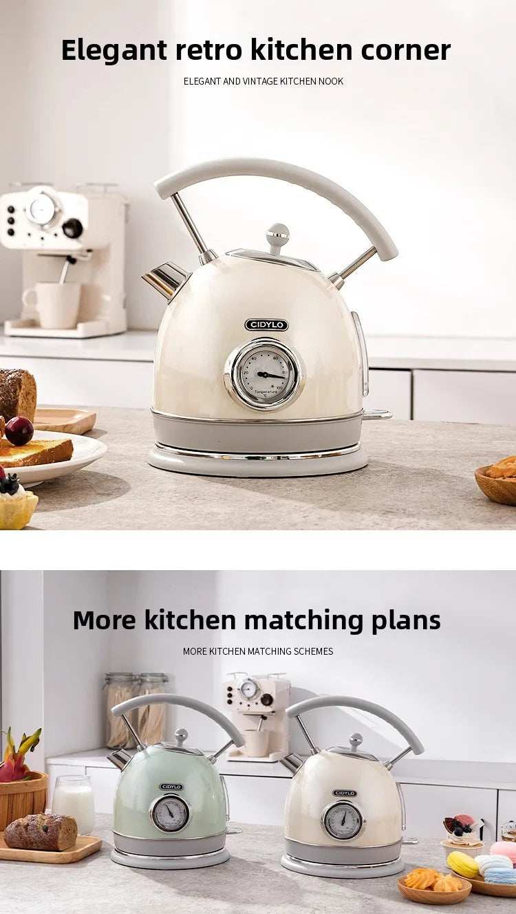 Vintage-style electric kettle on a kitchen counter with matching plans displayed below.