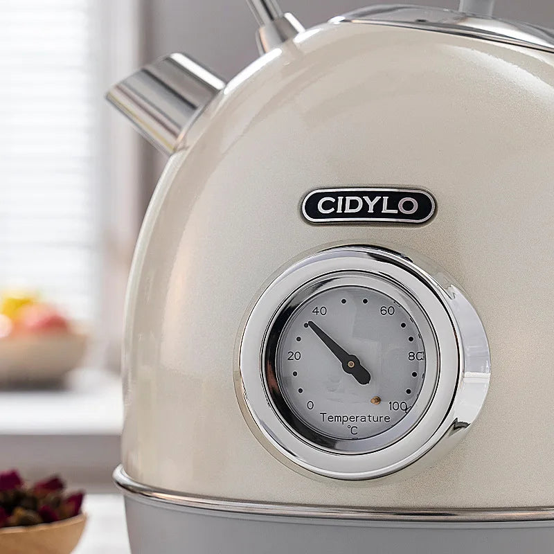 Silver Cidylo kettle with temperature control dial in a kitchen setting