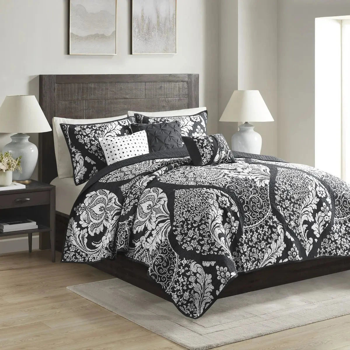 6-Piece Printed Cotton Quilt Set Throw Pillows Black Full/Queen Geometric Floral Soft Bedding for Winter for Wedding Hotel Julia M LifeStyles