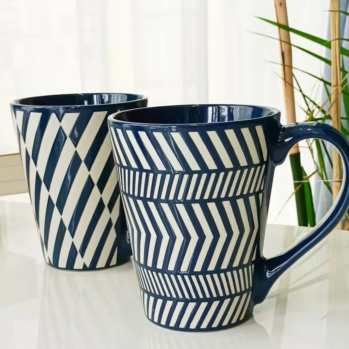 500ml Classic Large Capacity White Line Ceramic Cup Dark Blue Mug