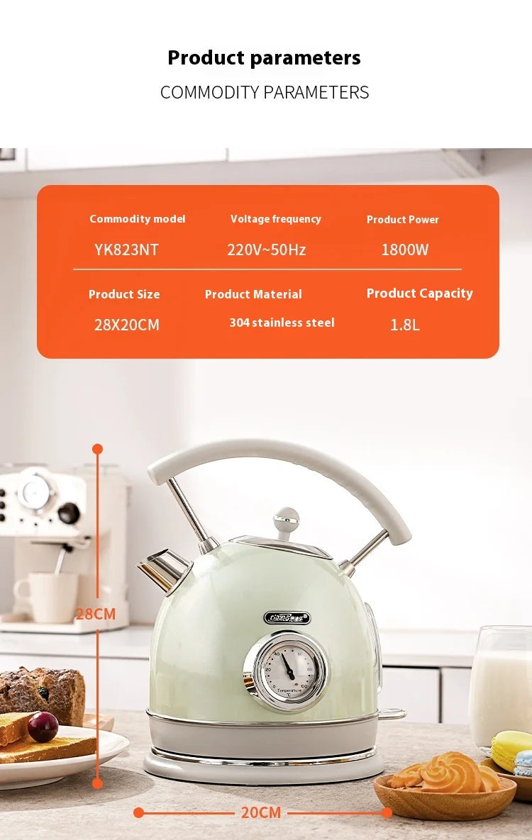 Green electric kettle on a kitchen counter with product parameters displayed.