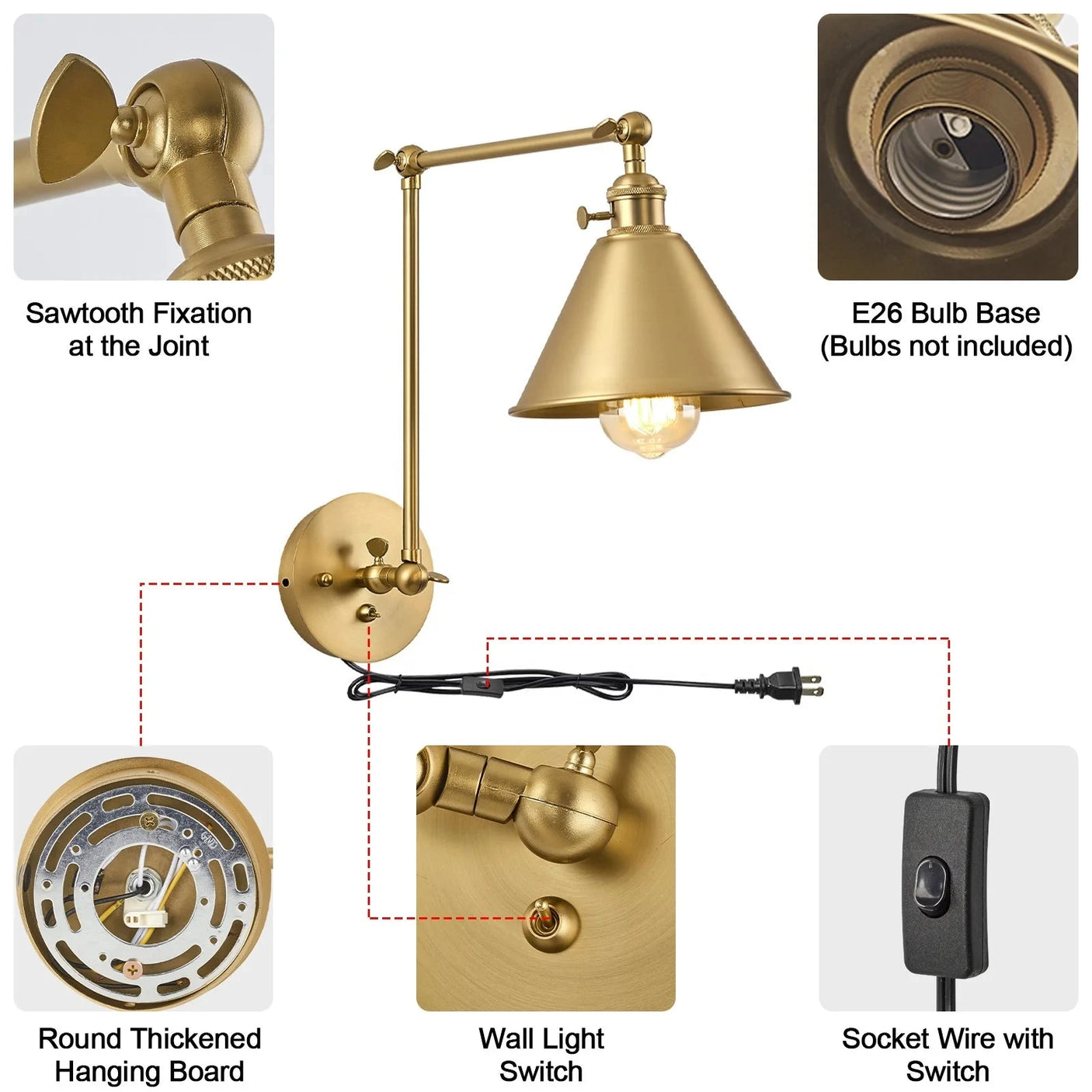 One Piece Dropshipping Brass Black 2 Pack with Switch Swing Arm Wall Lamp Plug in Wall Mounted Light Wall Sconces Julia M LifeStyles