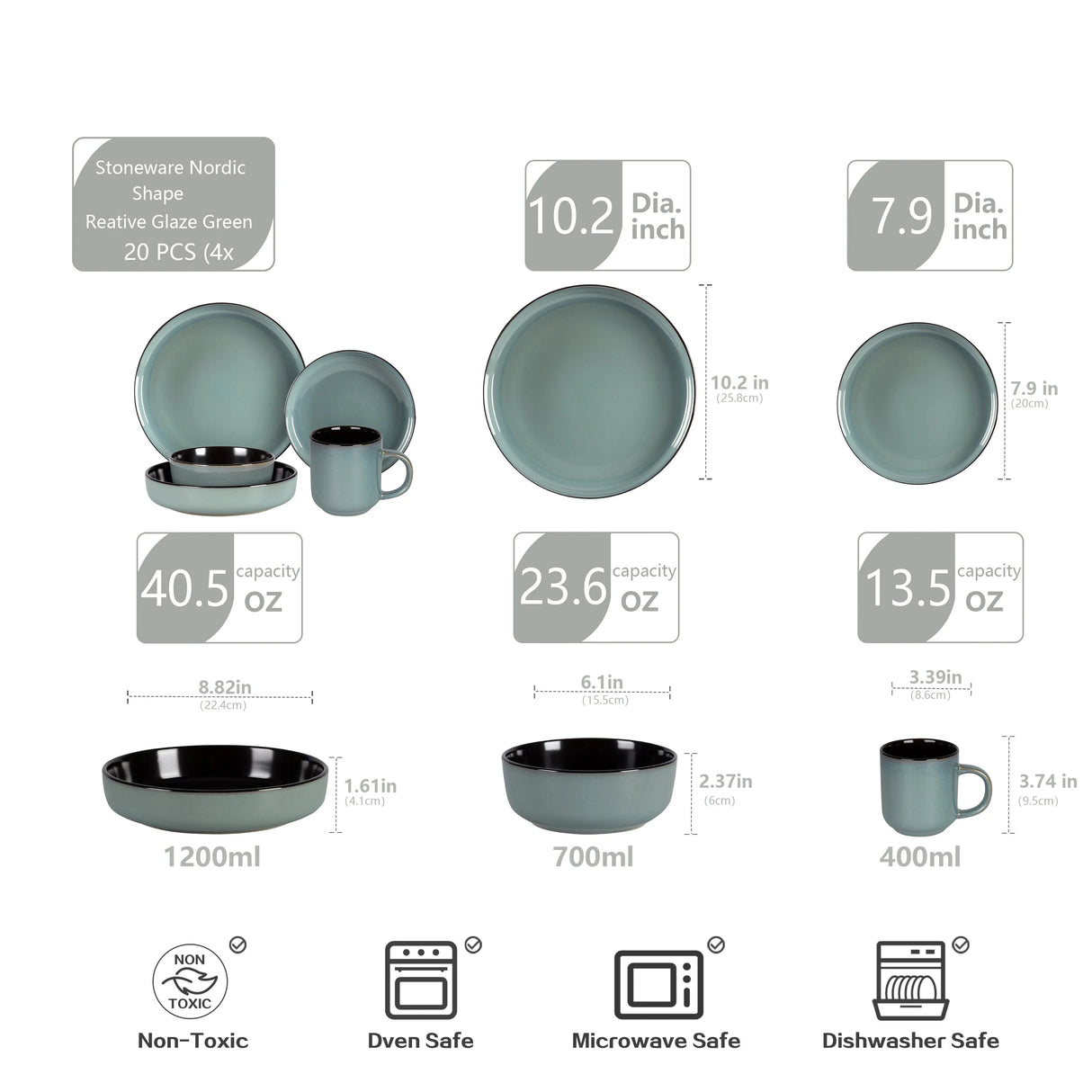 Reactive Glaze Green Stoneware Ceramic Dinnerware Sets for 4 People 20pcs Collection Julia M LifeStyles